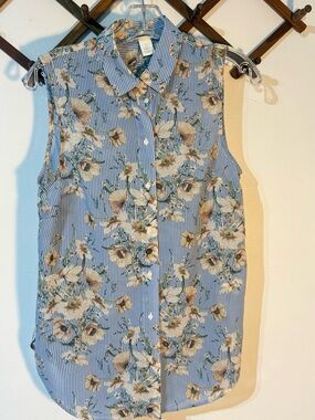 H&M Blouse Women's Sz 6 Blue/White Stripe Floral Hi Low Hem